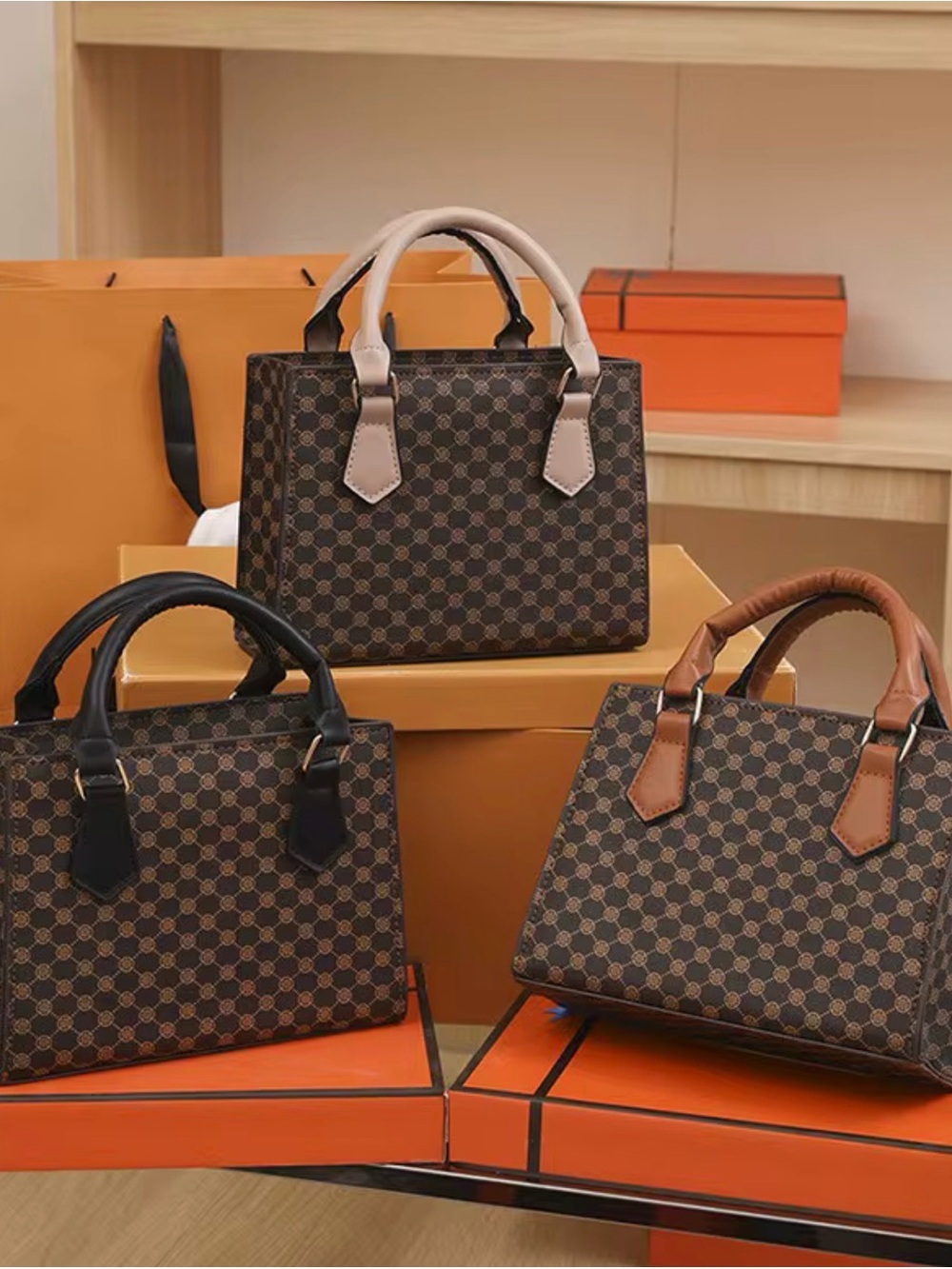 Structured Small Tote Bag with Contrast Handles - Brown